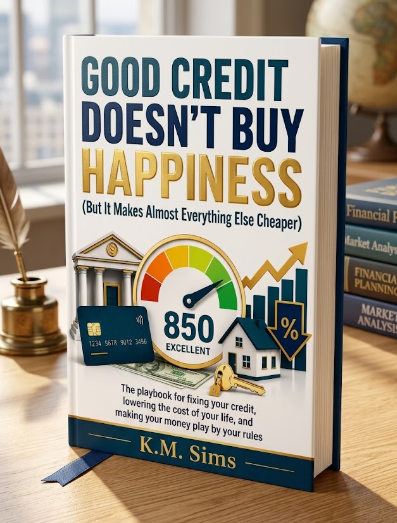 Good Credit Doesn't Buy Happiness by K.M. Sims displayed upright on a desk
