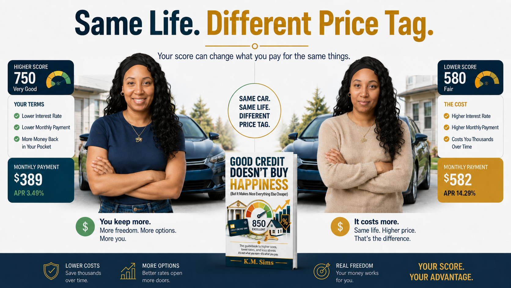 Same life, different price tag comparison showing how credit can change the cost of the same car